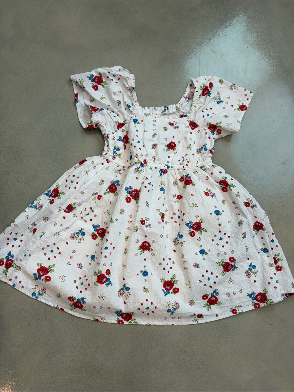 White Floral Cotton Dress for Girls with Puff Sleeves